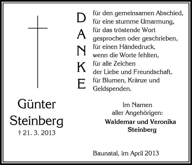  Traueranzeige für Günter Steinberg vom 06.04.2013 aus HNA