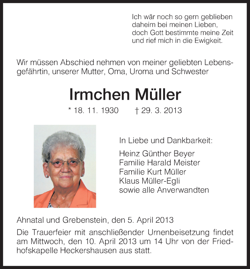  Traueranzeige für Irmchen Müller vom 05.04.2013 aus HNA