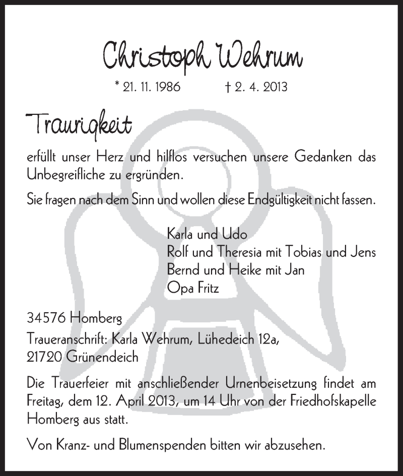  Traueranzeige für Christoph Wehrum vom 09.04.2013 aus HNA