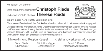 Traueranzeige von Christoph und Therese Riede von HNA