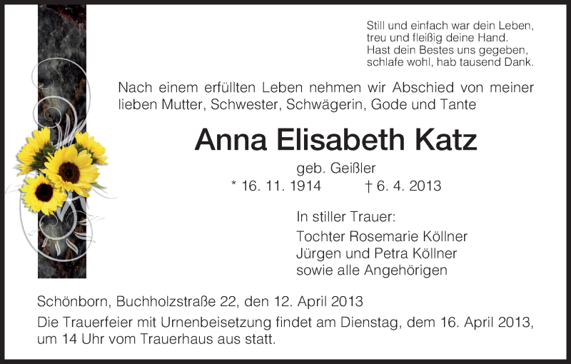 Traueranzeigen Von Anna Elisabeth Katz Trauerhnade 0195