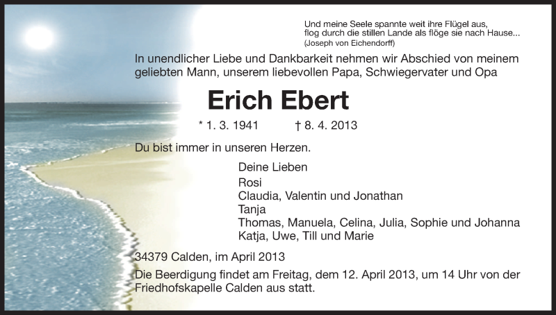  Traueranzeige für Erich Ebert vom 11.04.2013 aus HNA