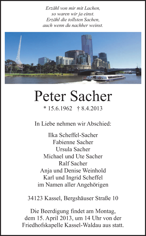  Traueranzeige für Peter Sacher vom 11.04.2013 aus HNA
