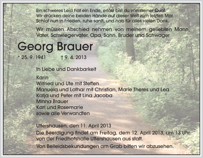  Traueranzeige für Georg Brauer vom 11.04.2013 aus HNA