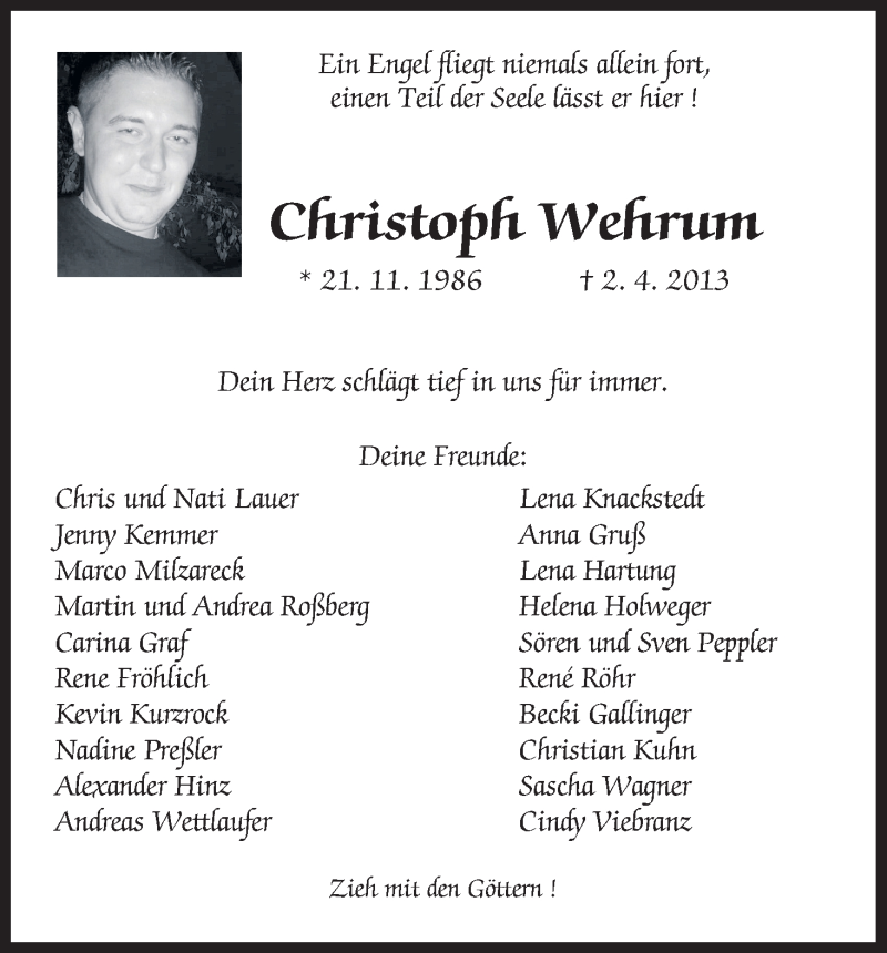  Traueranzeige für Christoph Wehrum vom 11.04.2013 aus HNA