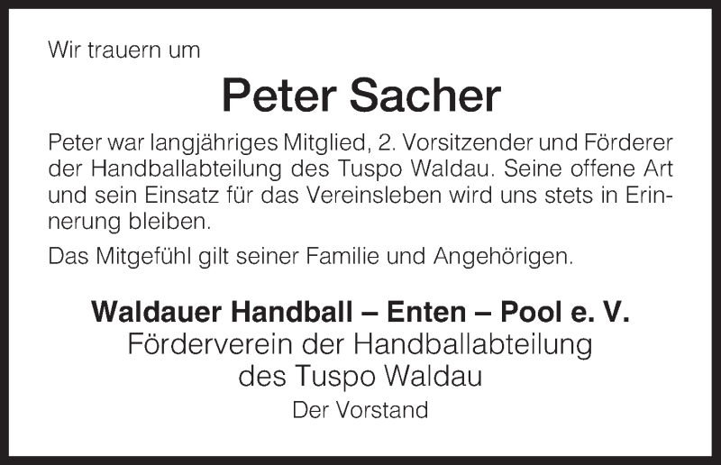  Traueranzeige für Peter Sacher vom 11.04.2013 aus HNA