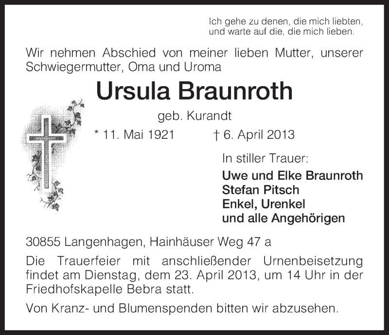 Traueranzeige für Ursula Braunroth vom 20.04.2013 aus HNA