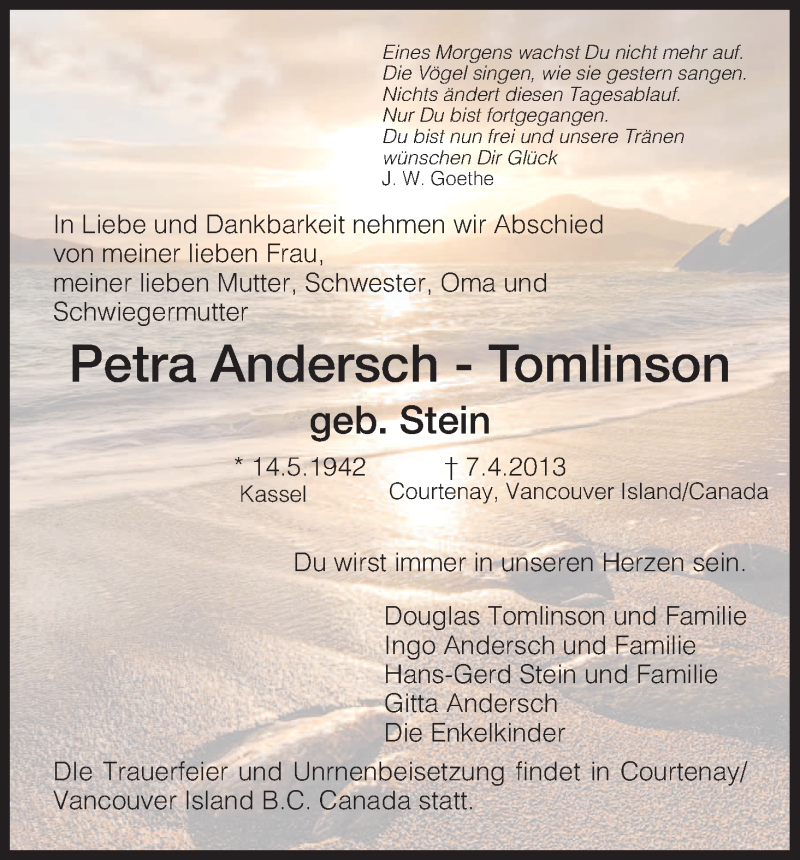  Traueranzeige für Petra Andersch-Tomlinson vom 13.04.2013 aus HNA