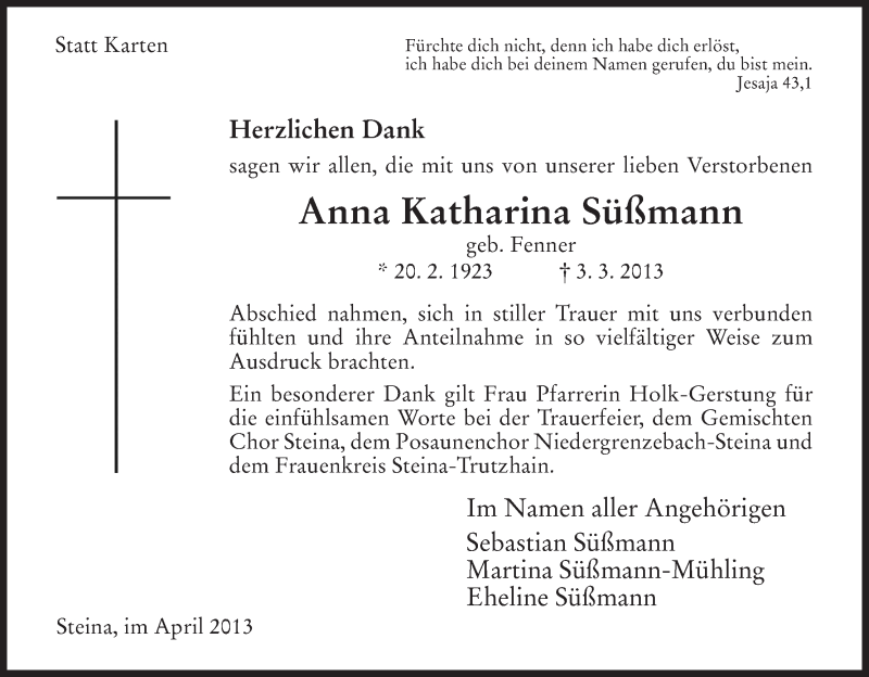  Traueranzeige für Anna Katharina Süßmann vom 13.04.2013 aus HNA
