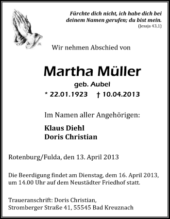 Traueranzeige von Martha Müller von HNA