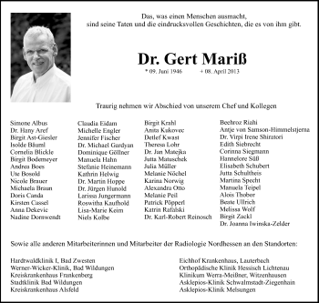 Traueranzeige von Gert Mariß von HNA