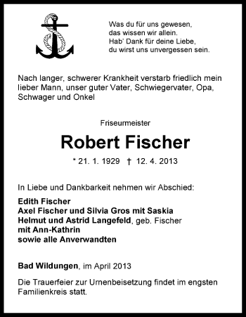 Traueranzeige von Robert Fischer von HNA