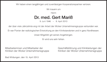 Traueranzeige von Gert Mariß von HNA