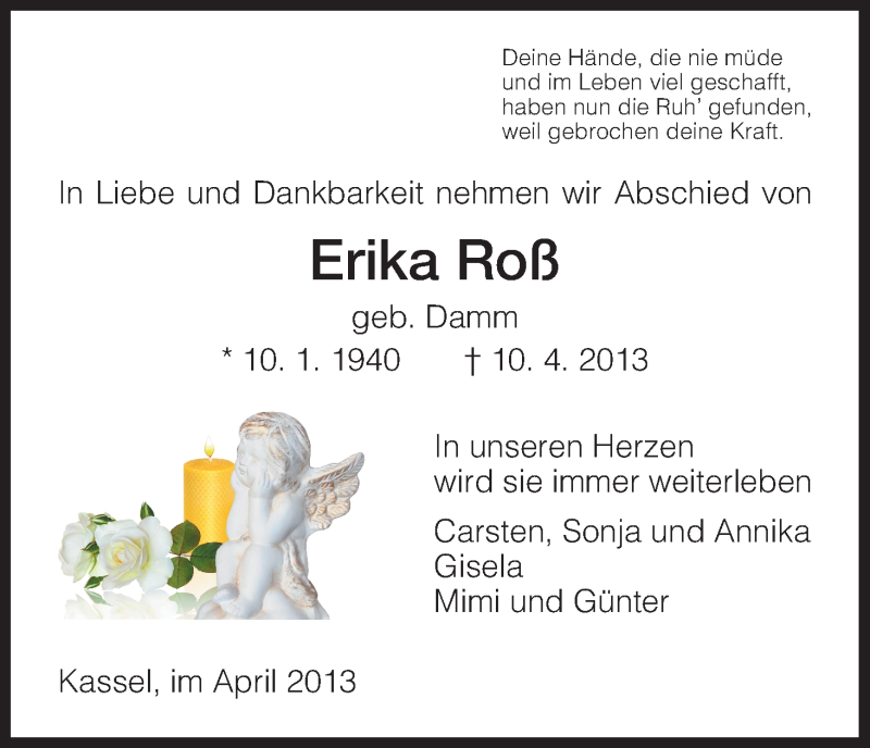  Traueranzeige für Erika Roß vom 17.04.2013 aus HNA
