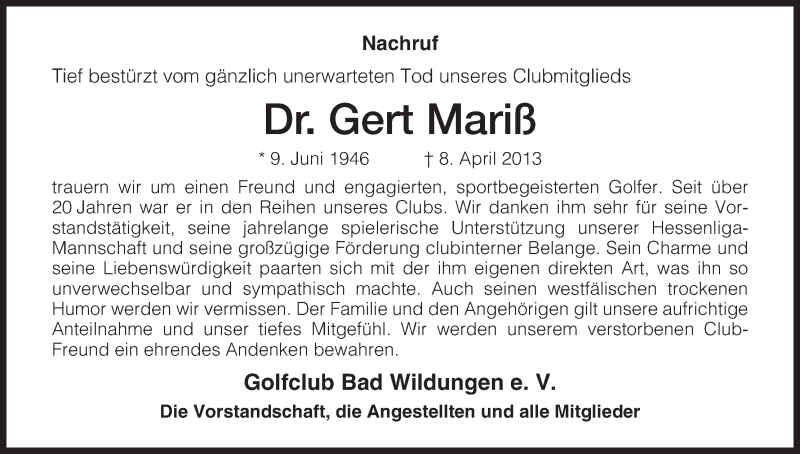  Traueranzeige für Gert Mariß vom 18.04.2013 aus HNA