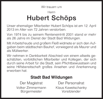 Traueranzeige von Hubert Schöps von HNA