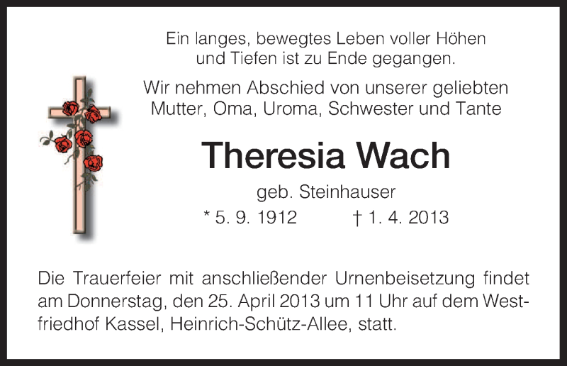  Traueranzeige für Theresia Wach vom 20.04.2013 aus HNA