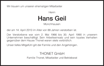 Traueranzeige von Hans Geil von HNA