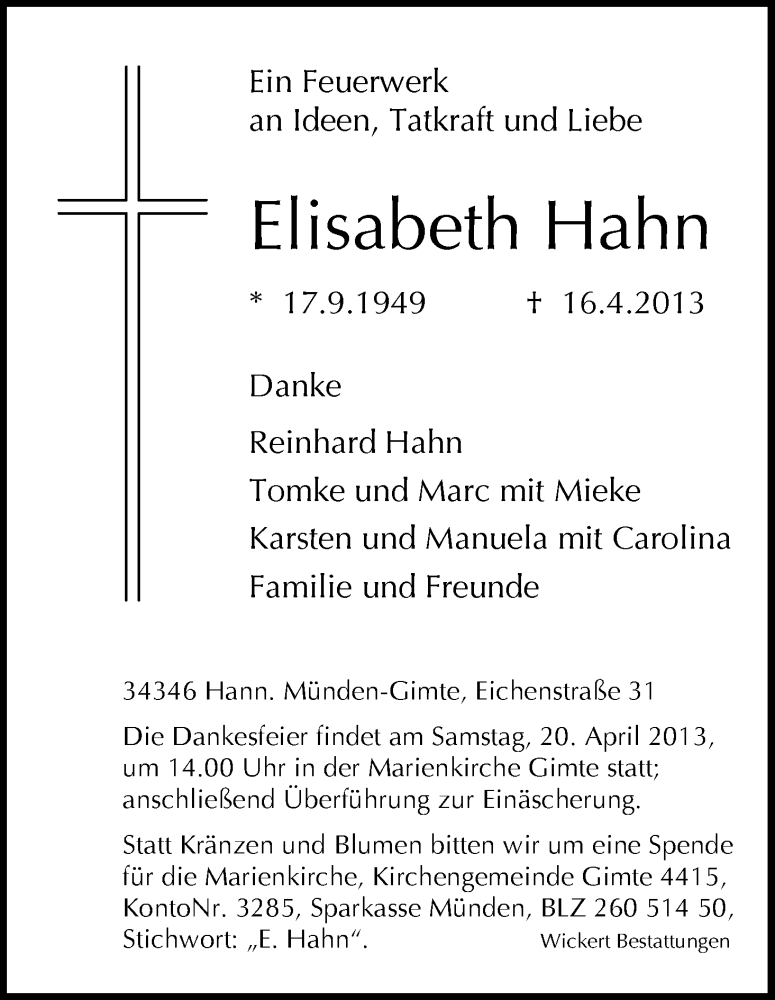  Traueranzeige für Elisabeth Hahn vom 18.04.2013 aus HNA