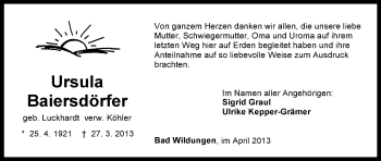 Traueranzeige von Ursula Baiersdörfer von HNA