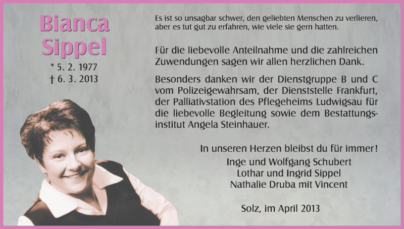 Traueranzeige für Bianca Sippel vom 20.04.2013 aus HNA