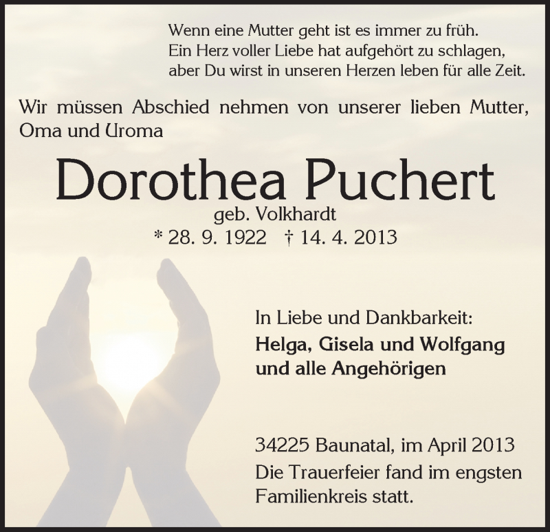  Traueranzeige für Dorothea Puchert vom 20.04.2013 aus HNA