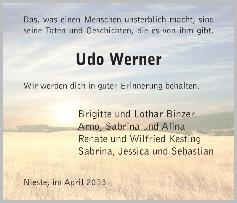  Traueranzeige für Udo Werner vom 23.04.2013 aus HNA