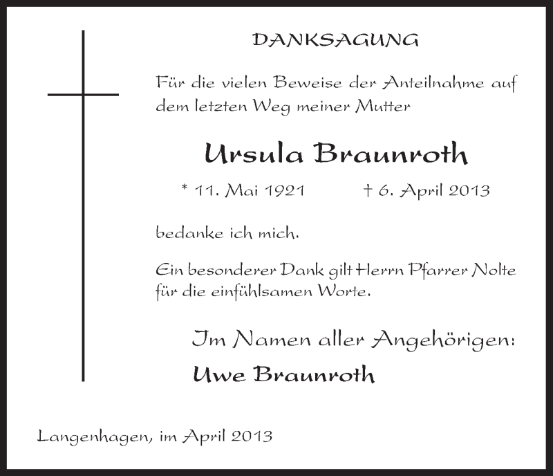  Traueranzeige für Ursula Braunroth vom 27.04.2013 aus HNA