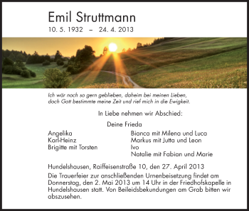 Traueranzeige von Emil Struttmann von HNA