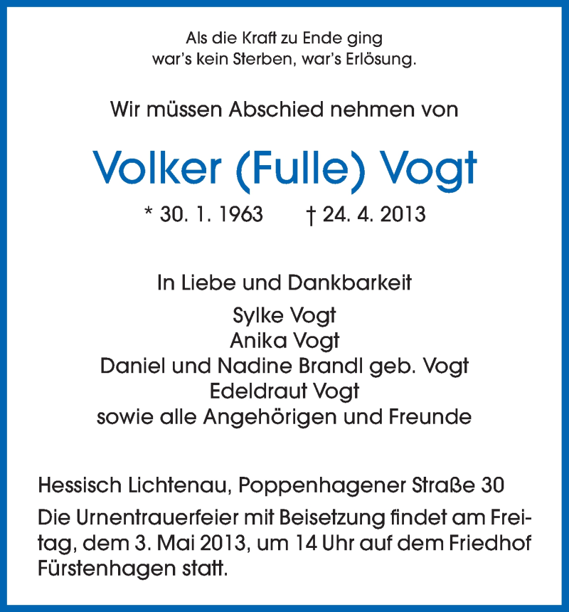  Traueranzeige für Volker Vogt vom 29.04.2013 aus HNA