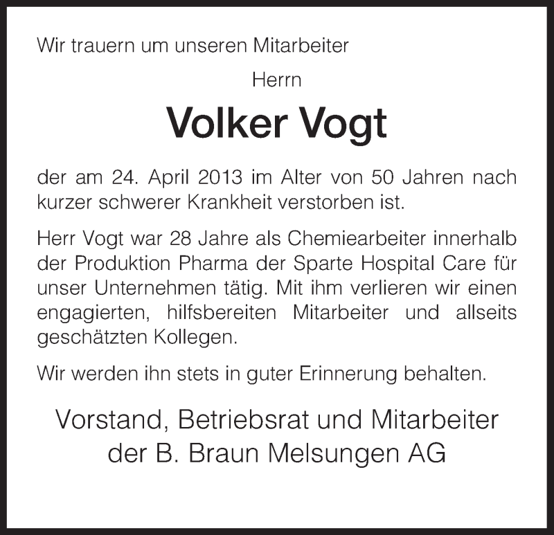  Traueranzeige für Volker Vogt vom 30.04.2013 aus HNA