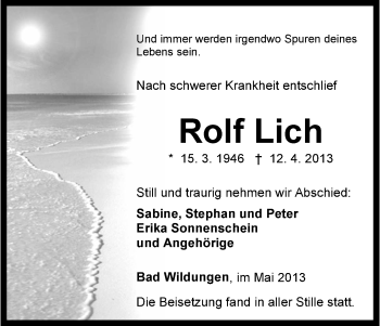 Traueranzeige von Rolf Lich von HNA