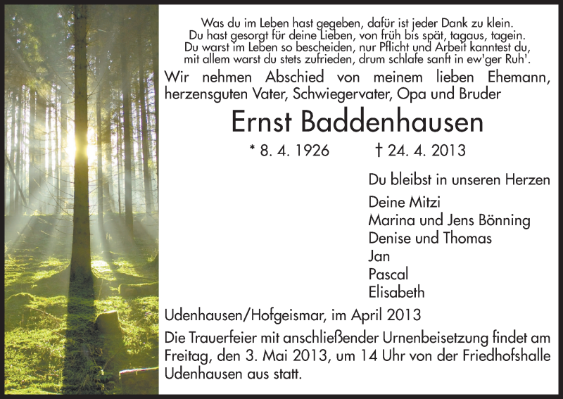  Traueranzeige für Ernst Baddenhausen vom 30.04.2013 aus HNA