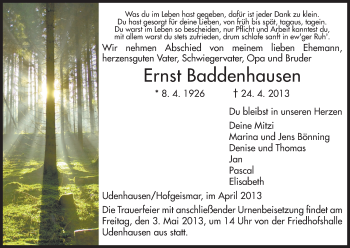 Traueranzeige von Ernst Baddenhausen von HNA