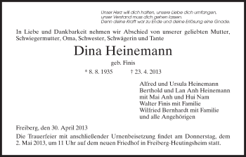 Traueranzeige von Dina Heinemann von HNA