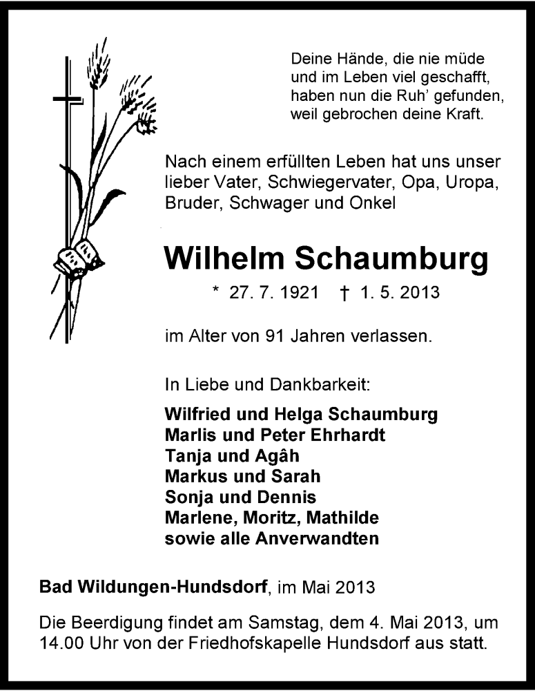  Traueranzeige für Wilhelm Schaumburg vom 03.05.2013 aus HNA