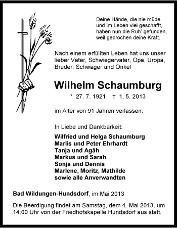 Traueranzeige von Wilhelm Schaumburg von HNA