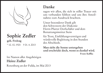 Traueranzeige von Sophie Zedler von HNA