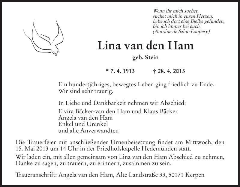  Traueranzeige für Lina van den Ham vom 11.05.2013 aus HNA
