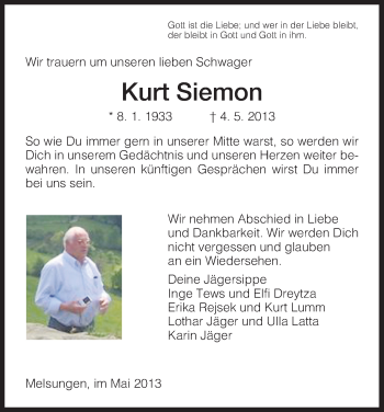 Traueranzeige von Kurt Siemon von HNA