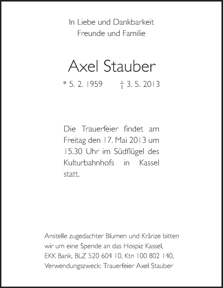  Traueranzeige für Axel Stauber vom 11.05.2013 aus HNA