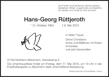 Traueranzeige von Hans-Georg Rüttjeroth von HNA
