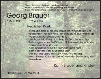 Traueranzeige von Georg Brauer von HNA