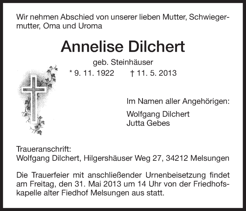  Traueranzeige für Annelise Dilchert vom 27.05.2013 aus HNA