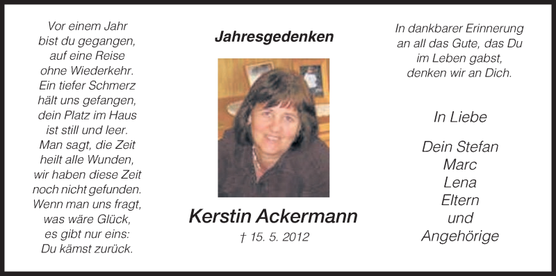  Traueranzeige für Kerstin Ackermann vom 15.05.2013 aus HNA