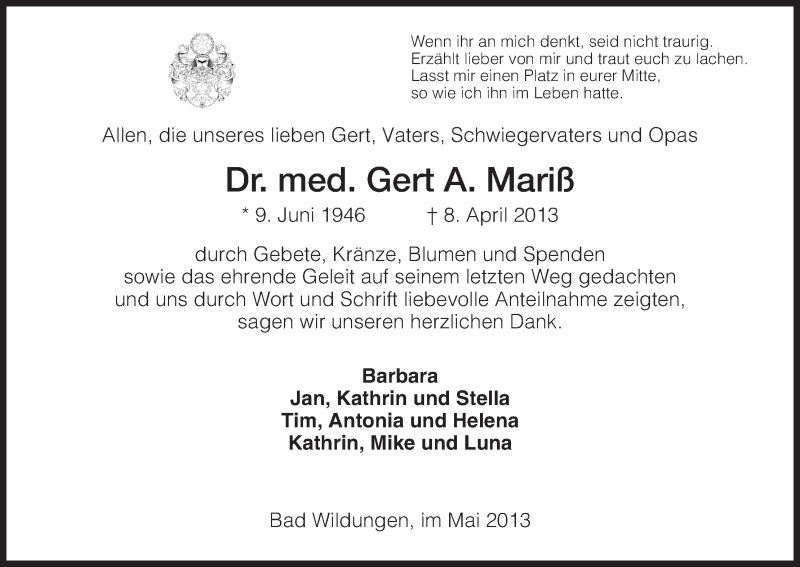  Traueranzeige für Gert Mariß vom 18.05.2013 aus HNA
