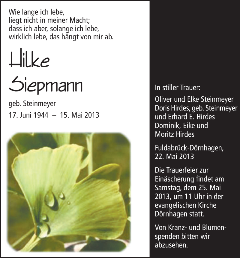  Traueranzeige für Hilke Siepmann vom 22.05.2013 aus HNA