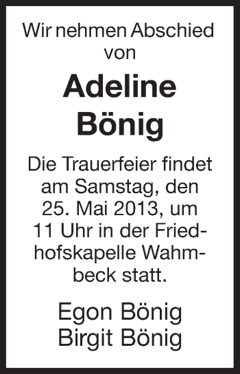Traueranzeige von Adeline Bönig von HNA