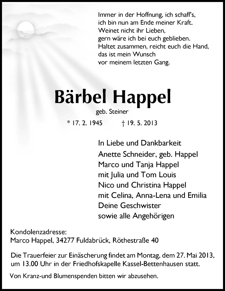  Traueranzeige für Bärbel Happel vom 23.05.2013 aus HNA