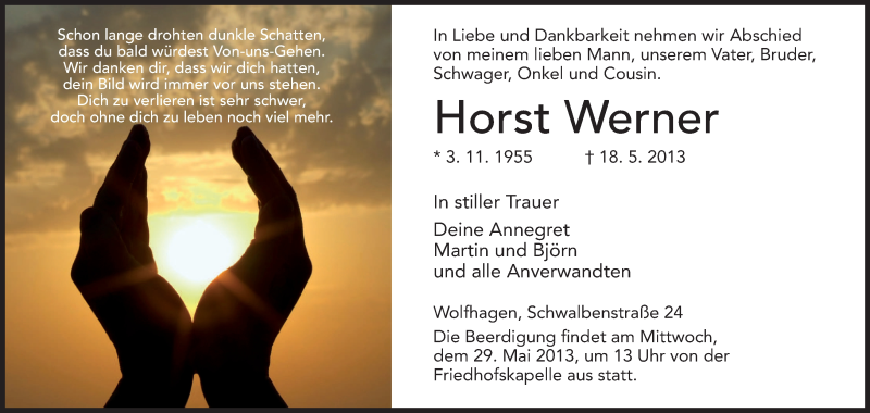  Traueranzeige für Horst Werner vom 23.05.2013 aus HNA